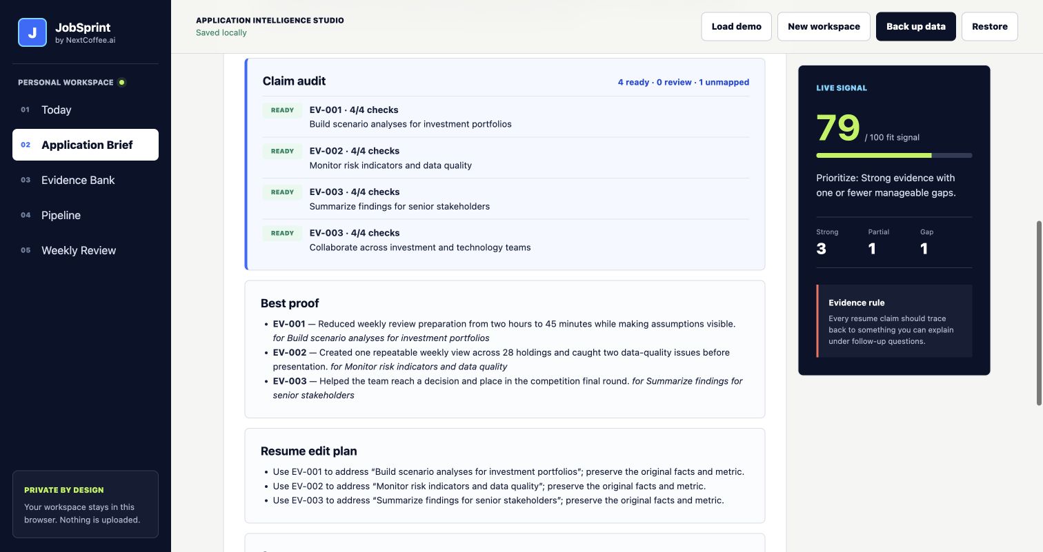 JobSprint Studio claim audit with evidence checks and an evidence-linked application packet